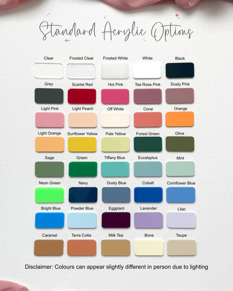 Color swatch chart for standard acrylic options with a pink fabric border.