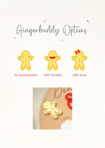 Gingerbread-themed product options with 'Gingerbuddy' branding on a white background.