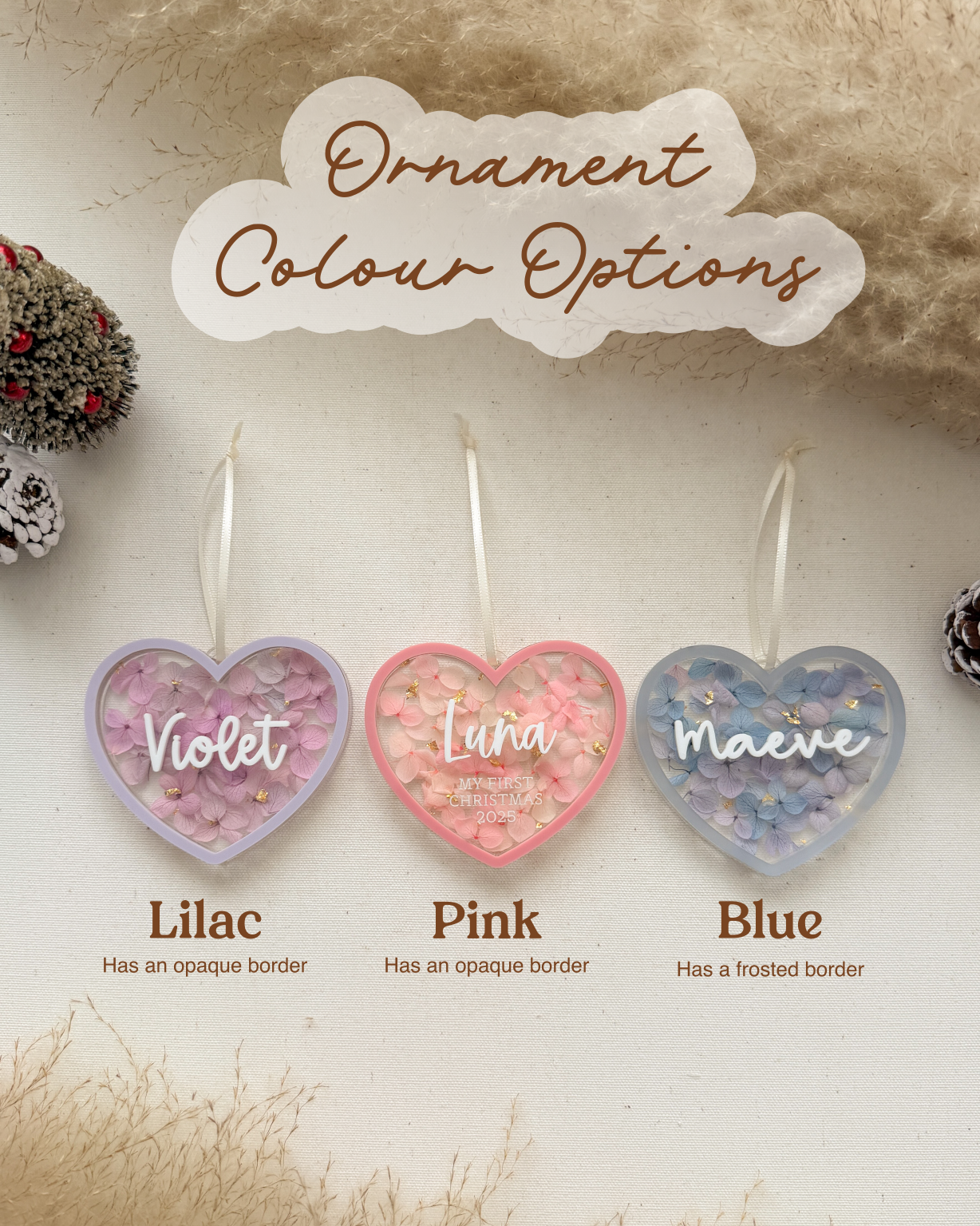 Heart-shaped ornaments with color options 'Violet', 'Luna', and 'Maeve' on a textured beige background.