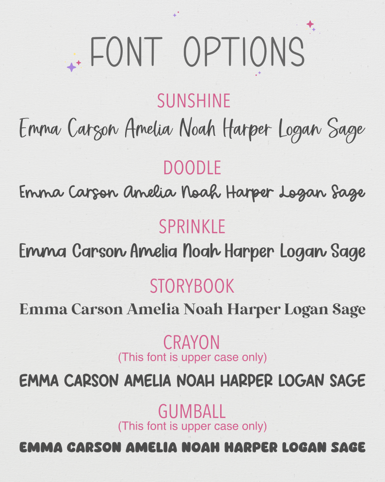 A digital graphic displaying font options for a product, featuring text styles like Sunshine, Doodle, Sprinkle, Storybook, Crayon, and Gumball in pink and gray lettering on a light gray background.