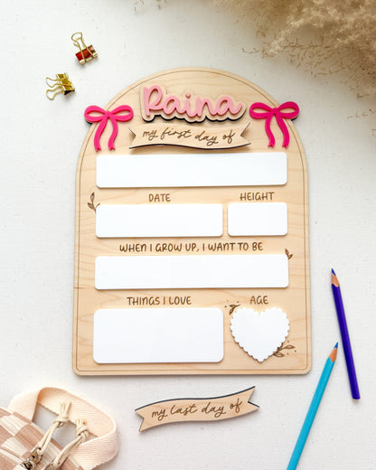 Wooden plaque with cut-out letters spelling 'Raina' and placeholders for personal information on a light background.
