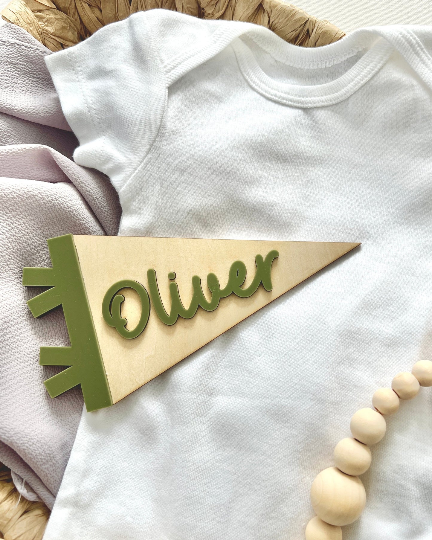 personalized birch wood and acrylic name plaque for baby photoshoots
