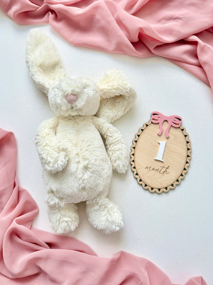 White teddy bear with a '1 month' milestone card on a pink blanket