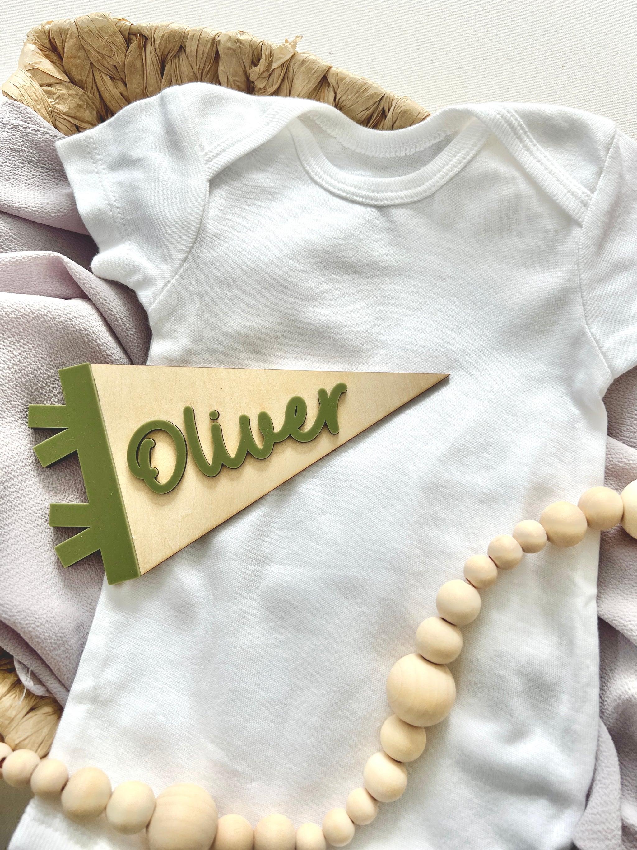 personalized birch wood and acrylic name plaque for baby photoshoots
